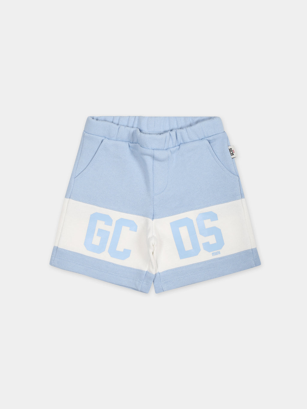 Light blue sports shorts for babies with logo